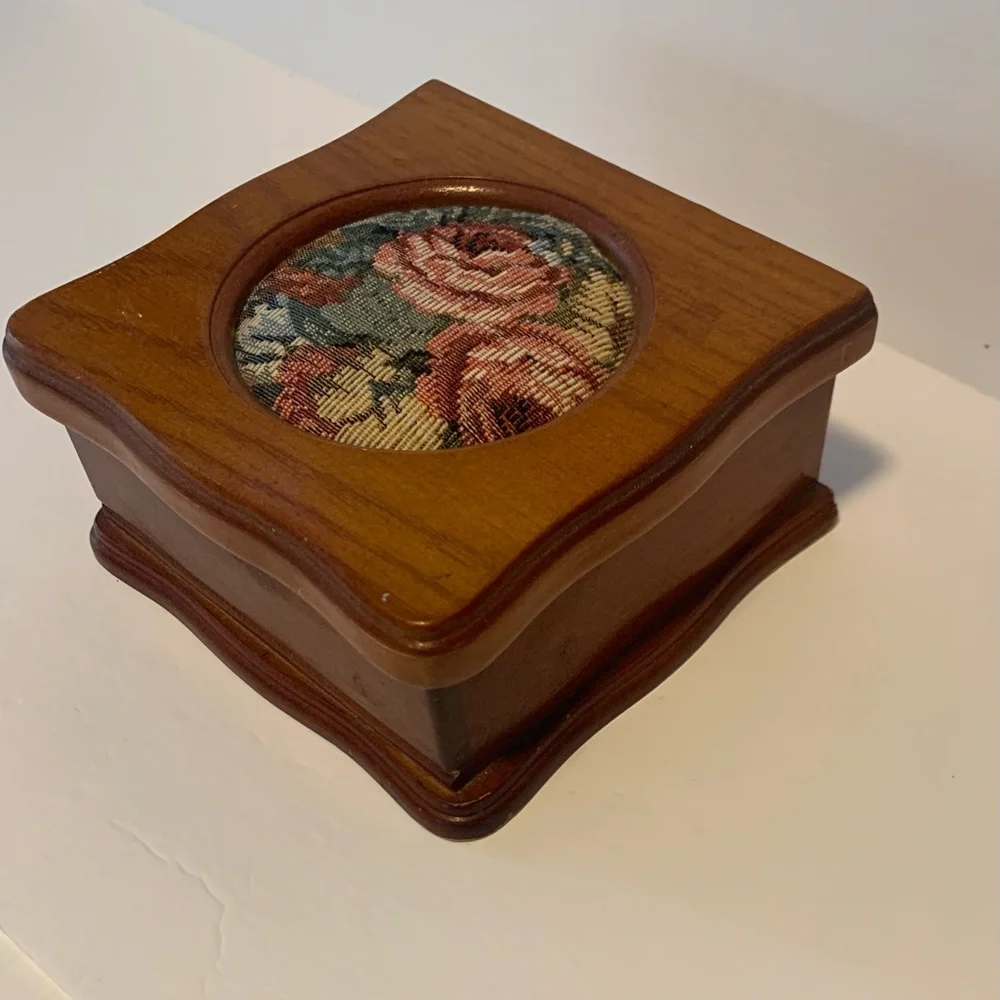 Vintage Cherry Wood jewelry box 6.5”x 7”Needlepoint, Floral Tapestry